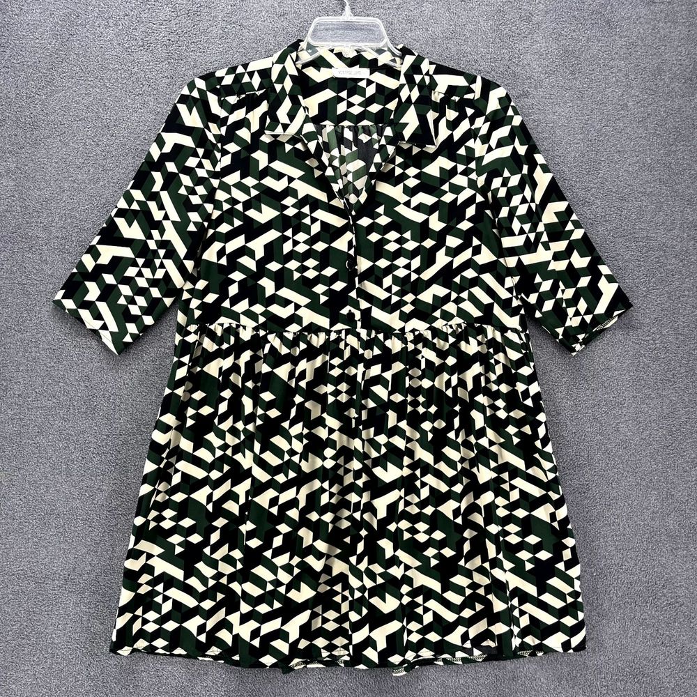 Vintage Love Shirt Dress Womens Green Beige Geometric‎ Oversized Button down